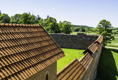 Medieval castle roof and castle fortification wall. medininkai castle, lithuania.