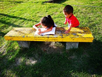 Girl writing in book with brother on lawn