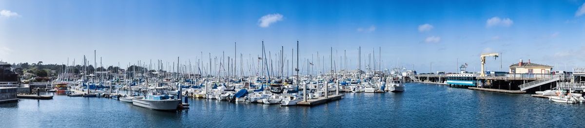 Sailboats moored in harbor against blue sky