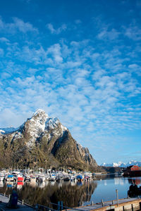 Sailboats moored at harbor against blue sky