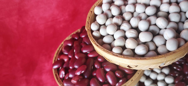 High angle view of eggs in basket on table