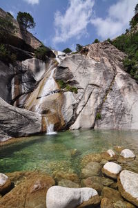 Scenic view of waterfall against sky