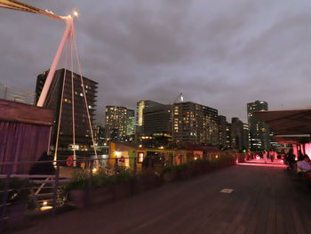 Illuminated city buildings at night