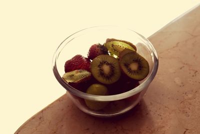 High angle view of fruits in bowl on table