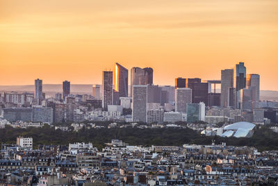 Aerial view of la defense in paris at sunset