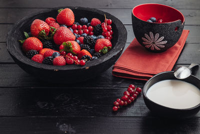 High angle view of strawberries in bowl on table