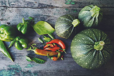 High angle view of fresh vegetables on wooden table