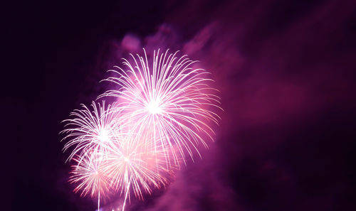 Low angle view of firework display at night