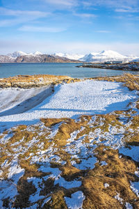 Scenic view of snowcapped mountains against sky