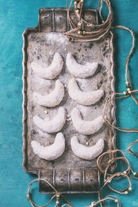 High angle view of sweet food in tray at table