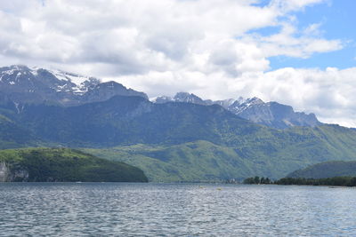 Scenic view of lake by mountains against sky