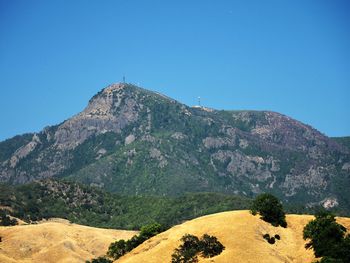 Scenic view of mountains against clear blue sky