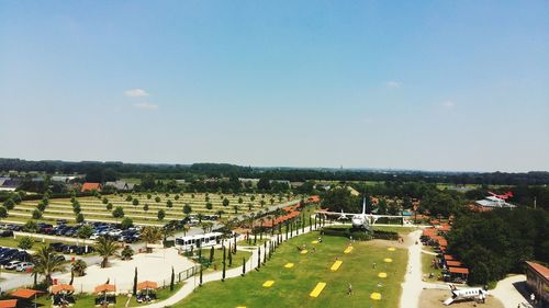 High angle view of town against sky