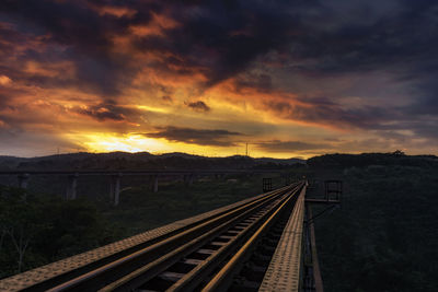 High angle view of railroad tracks against sky during sunset