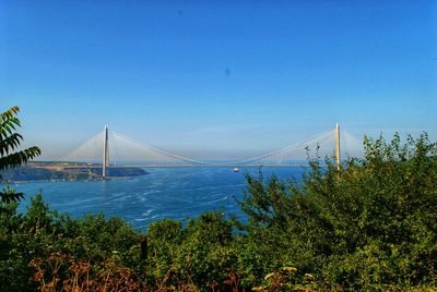 Suspension bridge over sea against clear blue sky