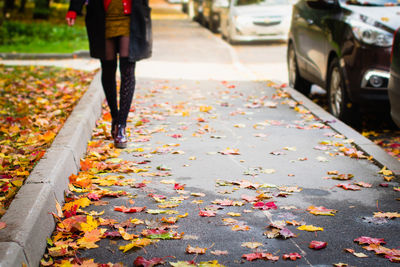 Low section of woman walking on footpath during autumn