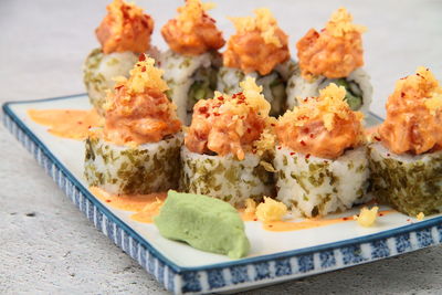 Close-up of served food in plate