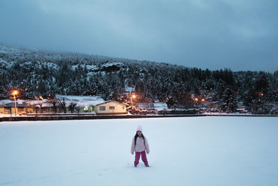 Rear view of woman standing in snow against sky at night