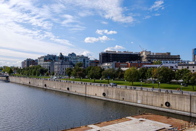 Buildings in city against cloudy sky