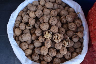 High angle view of walnut in bag