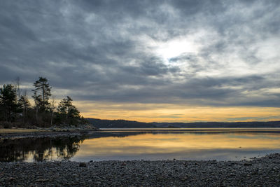 Scenic view of lake against sky at sunset