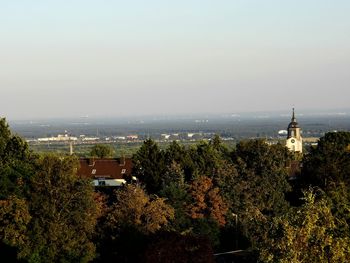 High angle view of cityscape against clear sky