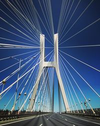 Low angle view of suspension bridge against sky