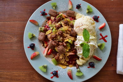 High angle view of breakfast served on table