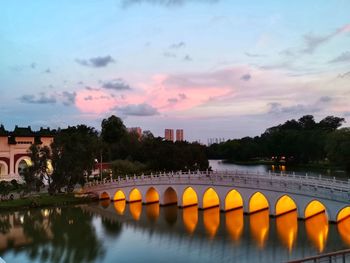 Bridge over river against sky during sunset