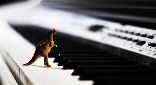 Close-up of dinosaur toy on piano