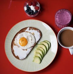 High angle view of breakfast served on table