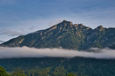 Scenic view of land and mountains against sky