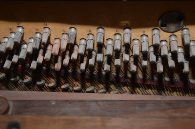 High angle view of old objects on table