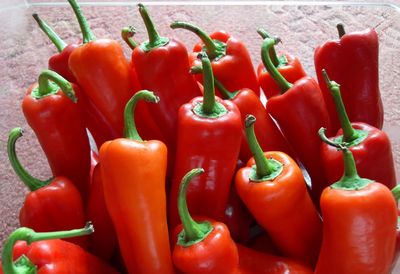 Close-up of red jalapeno peppers for sale at market