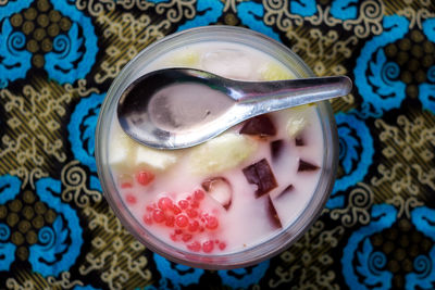 High angle view of breakfast on table