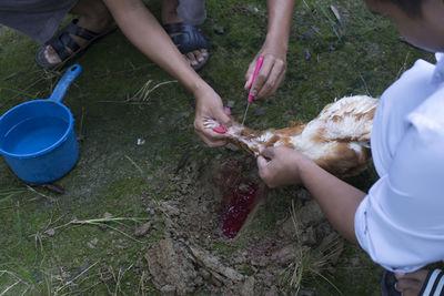 High angle view of people eating food