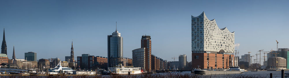 Modern buildings in city against clear sky