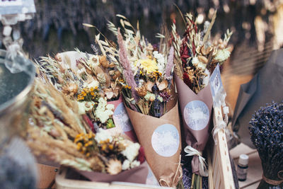 High angle view of bouquet on table at market