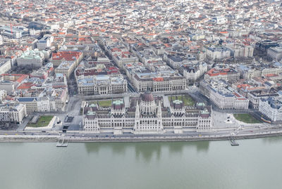 Hungarian parliament building and danube river in budapest cityscape stunning view from a drone 