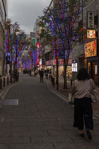 Rear view of people walking on street in city