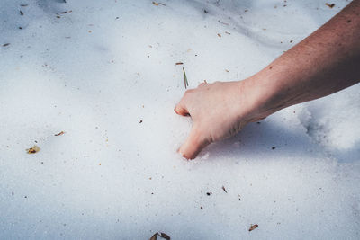 Cropped hand touching snow