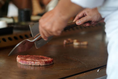 Midsection of person preparing food on cutting board