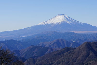 Scenic view of snowcapped mountains against clear sky