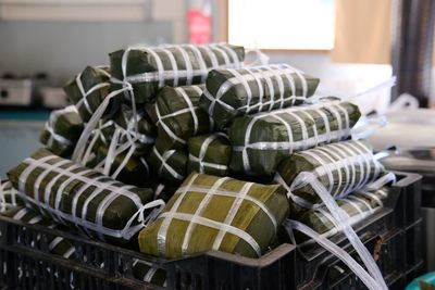 Close-up of food wrapped in leaves