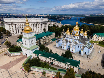 High angle view of buildings against sky