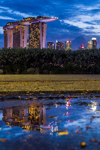 Illuminated buildings in city at night