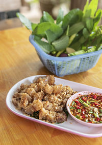 High angle view of meal served on table