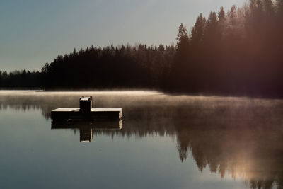 Scenic view of lake by trees against sky