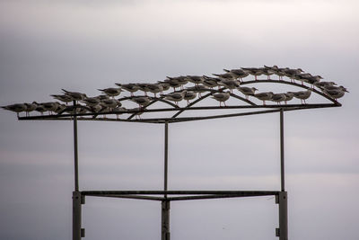 Low angle view of metallic structure on roof against sky