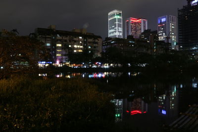 Reflection of illuminated buildings in city at night